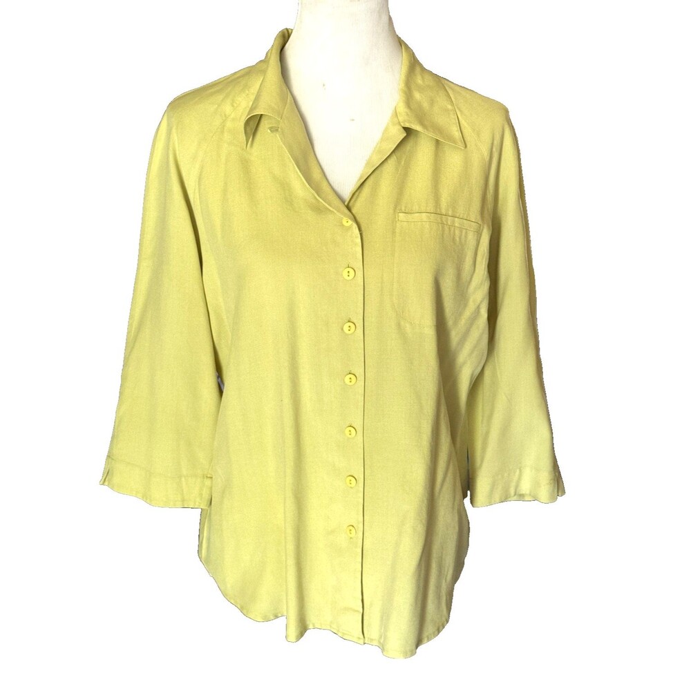 Anna and Frank Chartreuse 100% Silk 3/4 Sleeve Button Down Blouse Sz Large